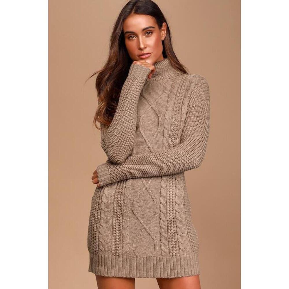 Lulus Crisp Mornings Taupe Cable Knit Turtleneck Sweater Dress - Size M